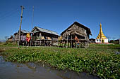 Inle Lake Myanmar. All the buildings are constructed on piles. Residents travel around by canoe, but there are also bamboo walkways and bridges over the canals, monasteries and stupas. 